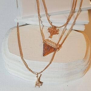 3 Strands 3 Charms Gold Tone 20" Necklace Effiel Tower Paris Triangle Tree Bead